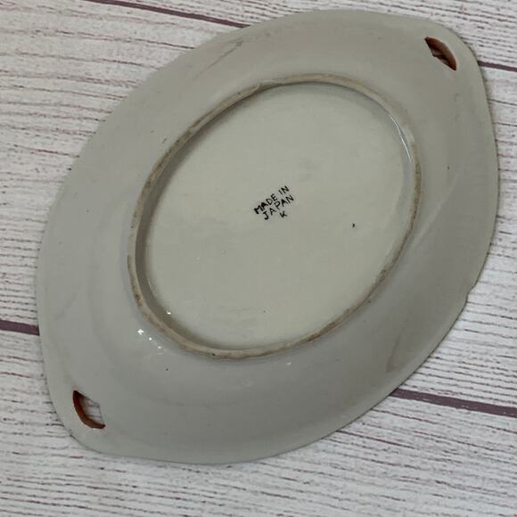 Vintage Hand Painted Red Lotus Flower Oval Japanese Bowl Serving Dish Handles - Picture 6 of 16